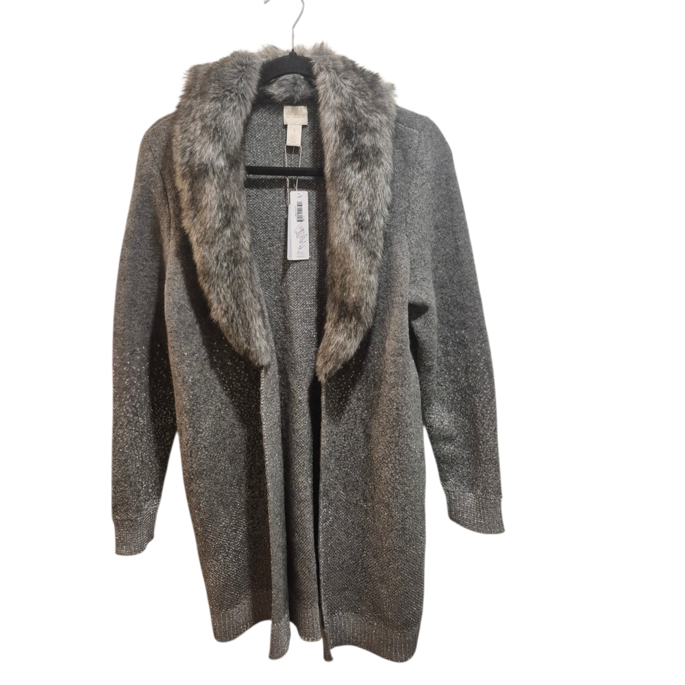New Chico's Bridgette Knit Cardigan Sweater Ombre Gray Faux Fur Trim Size 1 Med